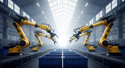 Automated industrial arms in a large factory setting, positioned along a conveyor belt with blue containers, exhibit precision and efficiency.