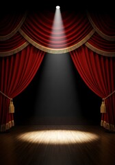 Red velvet theater stage lit by spotlight
