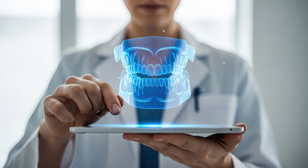 Medical professional in white coat interacts with a holographic dental model displayed on a tablet, showcasing advanced technology in dental care and patient consultation