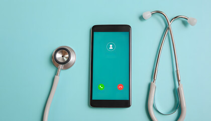 top view smartphone with incoming call from doctor displayed on screen next to stethoscope isolated on light background showing concept of modern healthcare digital service and remote medical support