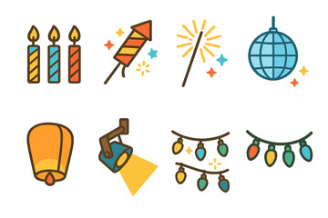 Celebration Lights Icons. Flat vector mini-illustrations light in celebrations in colors children's illustrations: birthday