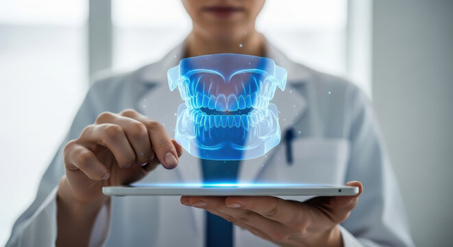 Medical professional in white coat interacts with a holographic dental model displayed on a tablet, showcasing advanced technology in dental care and patient consultation - Powered by Adobe