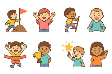 Children's Achievement Icons. Flat vector mini-illustrations motivation in colors children's illustrations: child reaching goal,