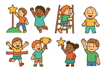 Children's Achievement Icons. Flat vector mini-illustrations motivation in colors children's illustrations: child reaching goal,