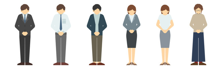 フラットイラスト：お辞儀をするスーツ男女(正面)