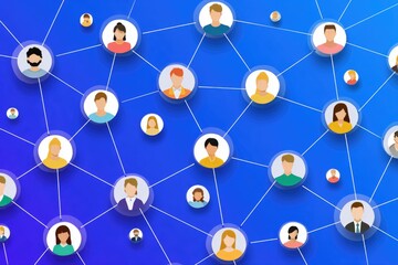 A vibrant illustration depicting a network of diverse individuals connected through digital platforms, symbolizing social interaction and community building in the modern age.
