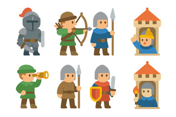 Children's Guard Icons. Flat vector mini-illustrations defense tower guards in colors children's illustrations: armored knight,