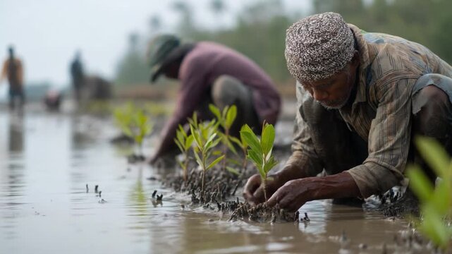 Planting Seeds: A pair of dedicated farmers carefully plant seedlings in a flooded field, working together to cultivate a bountiful harvest.