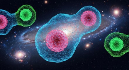 Colorful Microbial Cells in Space Environment with Galaxy Background