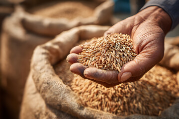 close up man hand holding rice grains during harvest season on plantation with dry storage bag in background symbolizing agriculture farming business crop production and successful food supply economy