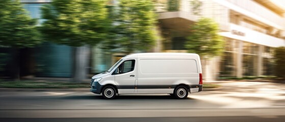 The Delivery Van Driving Through A Sunny Urban Street With Motion Blur