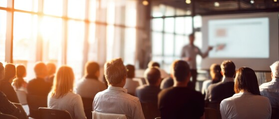 The audience in a modern conference room listening to a presenter with projector
