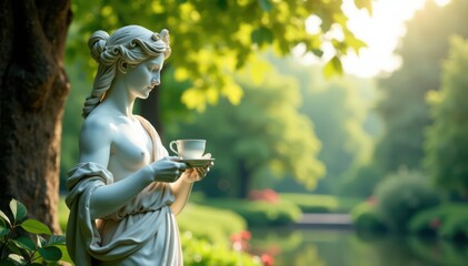 Fototapeta premium Classical sculpture holds delicate teacup; lush foliage frames serene scene , nature, vintage