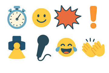 Fototapeta na wymiar Colorful Comic Icons. Flat vector mini-illustrations comic timing in colors children's illustrations: stopwatch, smiling face,