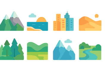 Colorful Landscape Icons. Flat vector mini-illustrations panoramic landscapes in colors children's illustrations: mountain range,