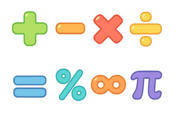Obraz premium Colorful Math Symbols. Flat vector mini-illustrations math symbols in colors children's illustrations: plus sign, minus sign,