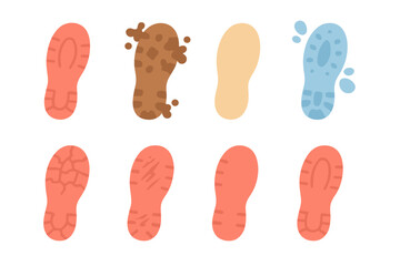 Colorful Shoe Prints. Flat vector mini-illustrations left shoe prints in colors children's illustrations: left footprint, muddy