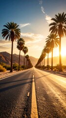 Sunlit highway vanishing into a palm tree-lined valley at sunset