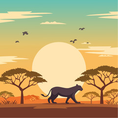 Panther Print on Exotic African Landscape, Vibrant Wildlife Theme, Stunning Natural Design Elements.