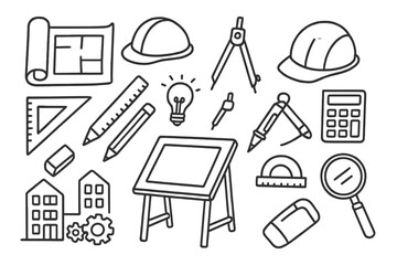 Construction Tools Blueprint. Hand-drawn doodle illustration construction blueprint rolled blueprint, hard hat, ruler, pencil,