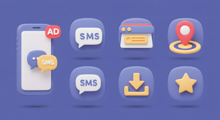 Vibrant 3D collection of essential mobile application icons, depicting digital communication, alerts, and location services for modern interactive interfaces
