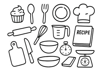 Culinary Sketch Icons. Hand-drawn doodle illustration food sample cupcake, spoon, fork, plate, chef hat, rolling pin, whisk,