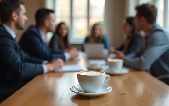 A cup of coffee with latte art on a wooden table, blurred background with professionals networking during conference. Business people at coffee break, networking, socialising indoors. High quality