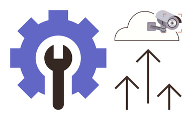 Gear with wrench for maintenance, cloud with surveillance camera for digital security, and upward arrows for growth. Ideal for technology, cloud computing, cybersecurity, system optimization