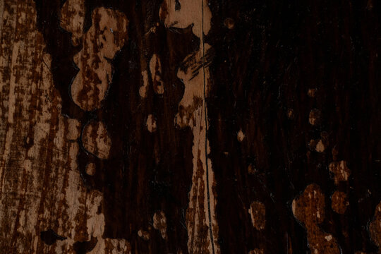 Old wooden board with peeling paint and varnish, the surface has abrasions, chips and unevenness and creates a rough texture for use as a background