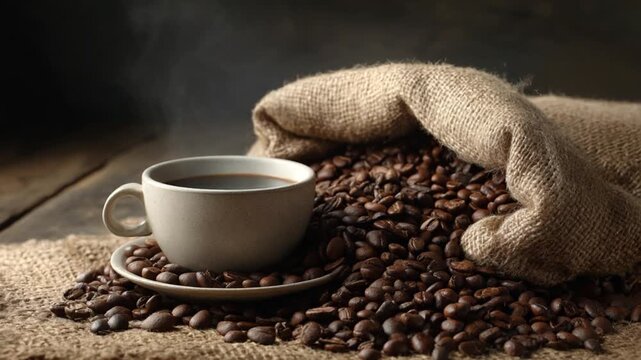 Aromatic Awakening: A steaming cup of freshly brewed coffee sits beside a bountiful pile of roasted coffee beans, inviting the senses to indulge in a moment of pure caffeinated pleasure.
