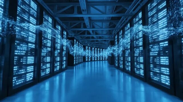 Data Center Corridor - Servers and Digital Information Flow.