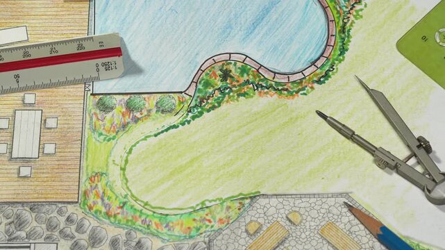 Garden design courses student is learning garden plan design by hand drawing.