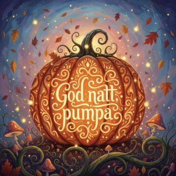 Halloween ornate pumpkin with swedish "God natt, pumpa" carved into its surface, surrounded by glowing fireflies and autumn leaves.