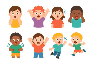 Expressive Kids' Gestures. Flat vector mini-illustrations scream gestures in colors children's illustrations: hands on cheeks,