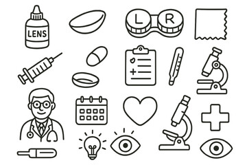Eye Care Essentials. Hand-drawn doodle illustration lens lens cleaning solution bottle, lens, contact lens case, cloth, syringe,