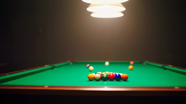 Pool Table Ready for Break in Dark Bar