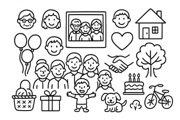 Family Memories Doodle. Hand-drawn doodle illustration extended family memories family photo, heart symbol, family tree, house,