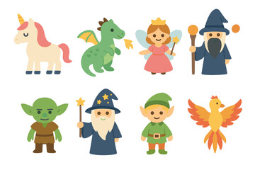 Naklejka premium Fantasy Creatures Grid. Flat vector mini-illustrations fantasy magical creatures in colors children's illustrations: enchanted