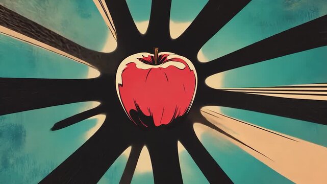 A stylized, radiating apple graphic on a teal background