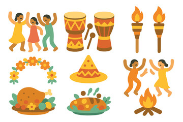 Fototapeta premium Festive Ritual Illustrations. Flat vector mini-illustrations festive ritual in colors children's illustrations: dancing figures,