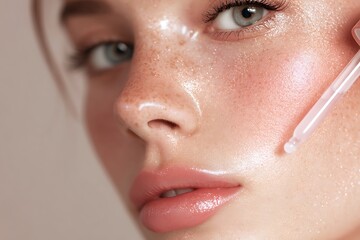 Radiant woman applying serum for glowing, healthy skin; skincare beauty routine close-up