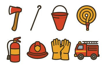 Firefighter Tools Grid. Flat vector mini-illustrations fire tools in colors children's illustrations: axe, fire poker, bucket,