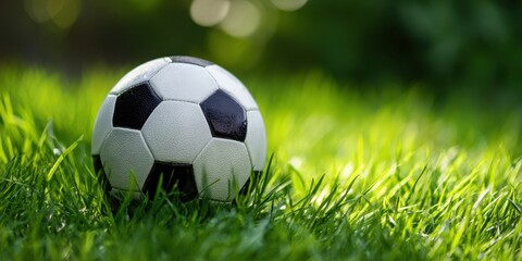 Naklejka premium The Soccer Ball Resting on Dewy Green Grass in Sunny Shallow Depth Field