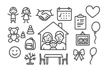 Fototapeta premium Foster Family Icons. Hand-drawn doodle illustration foster family adoption family, house, heart, children, handshake, calendar,