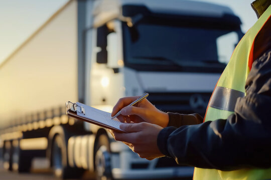 Freight inspection at sunset with clipboard