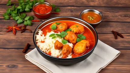 chicken tikka masala Indian food on wooden background with spices