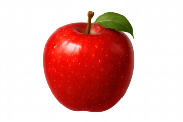 Ripe red apple hanging with green leaf, cut out for seamless graphic design compositing