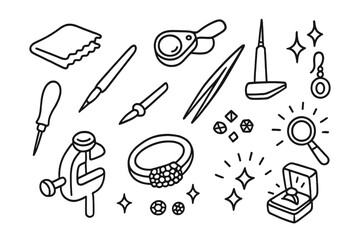 Jewelry Crafting Tools. Hand-drawn doodle illustration pave setting tiny prongs, gemstones, ring band, tweezers, jeweler’s loupe,