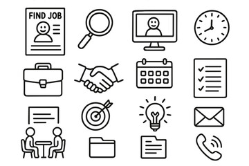 Job Hunt Essentials. Hand-drawn doodle illustration find job resume, magnifying glass, computer screen, briefcase, handshake,