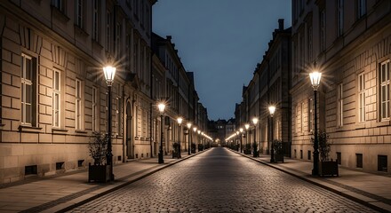 Fototapeta premium A serene, well-lit cobblestone street at twilight, lined with classical buildings and numerous street lamps, exuding a sense of quiet tranquility.